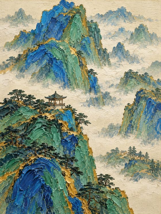 Blue-Green Landscape — Pavilion in Mist