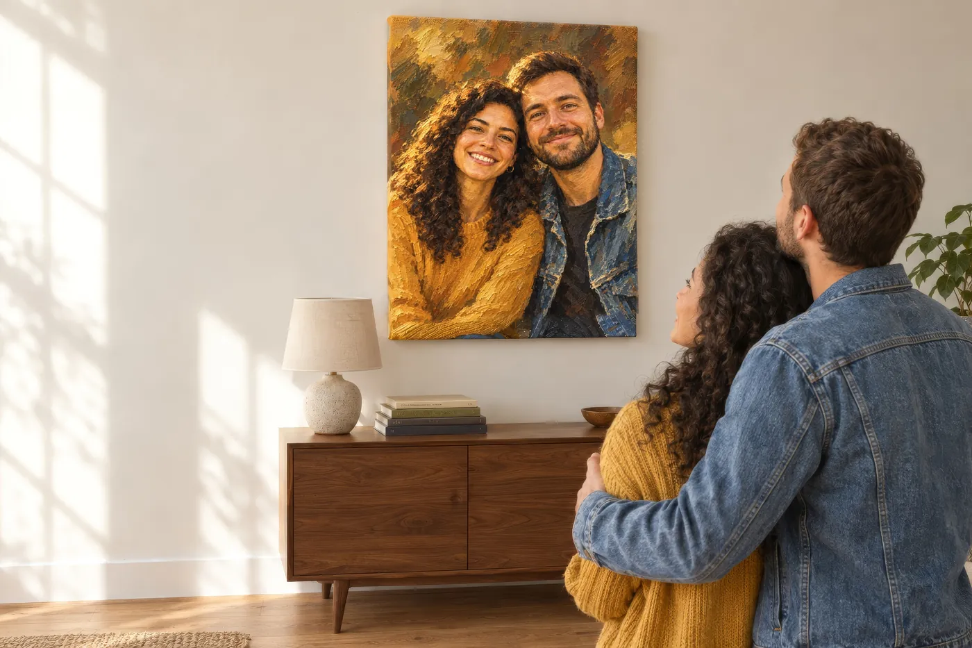 A couple looking up at the painting of the two of them, just hung in their living room