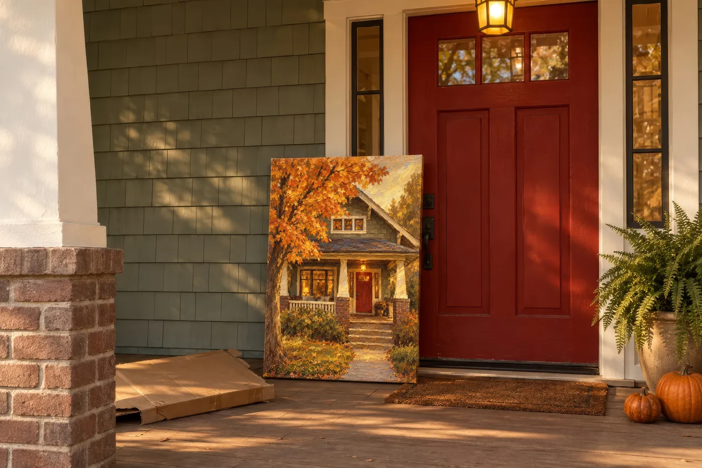 The oil painting of a craftsman house, just unpacked and leaning on that same house's porch beside the red front door