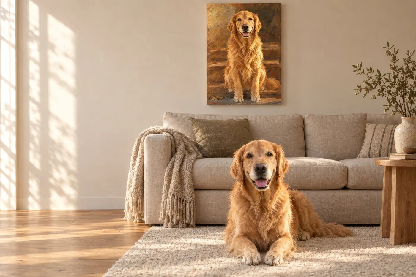 A golden retriever lying on the rug in front of the sofa, with its oil portrait hanging on the wall above