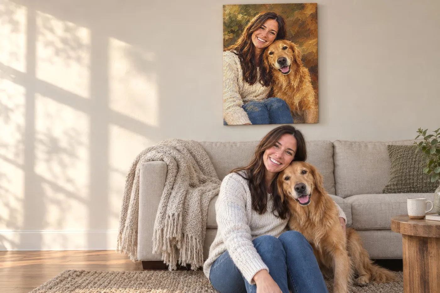 A woman sitting on the living-room floor with her golden retriever, their painting hanging on the wall above them